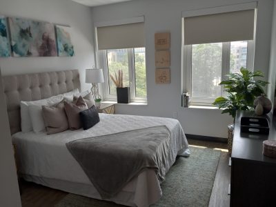 A bedroom in one of the units at The Overture, a brand-new, modern affordable housing project in downtown White Plains. 